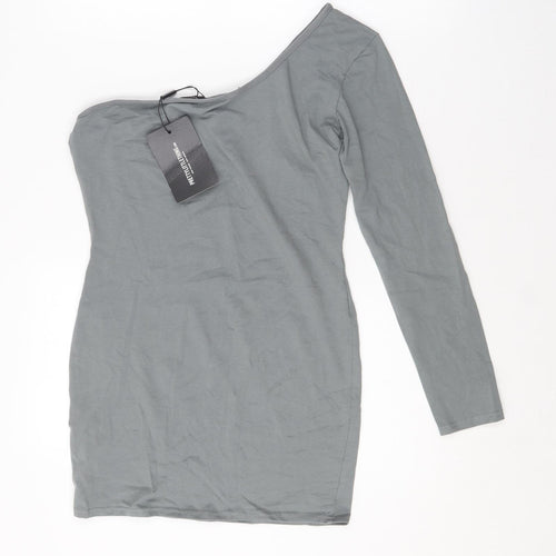 PRETTYLITTLETHING Womens Grey  Cotton Bodycon  Size 14  One Shoulder