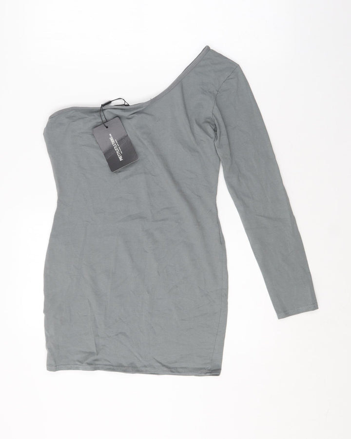 PRETTYLITTLETHING Womens Grey Cotton Bodycon Size 14 One Shoulder