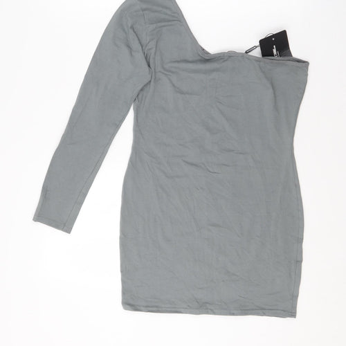 PRETTYLITTLETHING Womens Grey  Cotton Bodycon  Size 14  One Shoulder