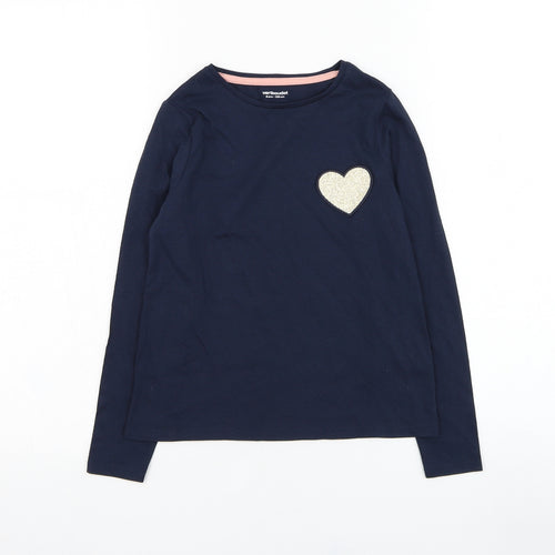Vertbaudet Girls Blue  Cotton Basic T-Shirt Size 8 Years Round Neck Pullover - Heart