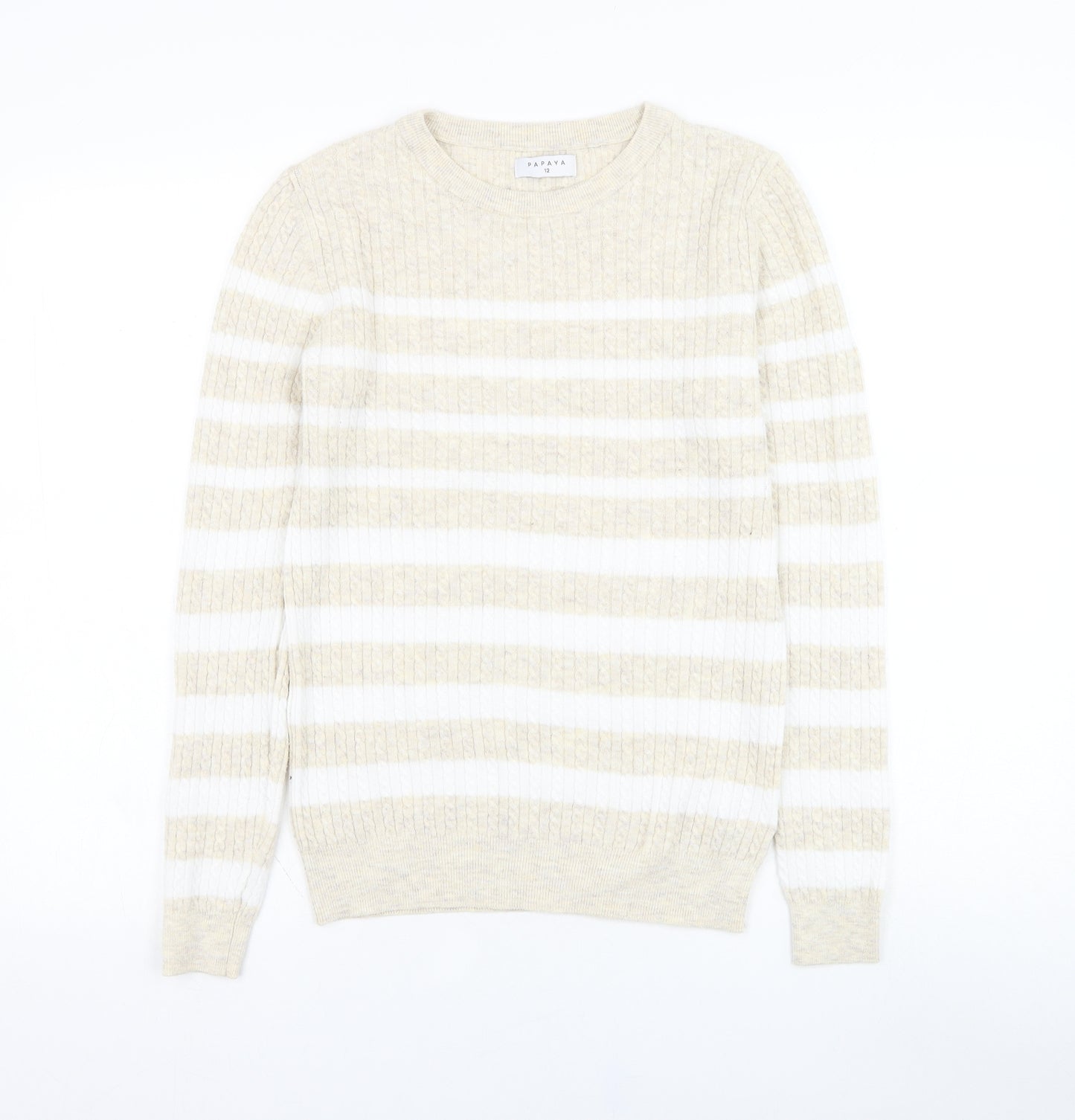 Papaya Womens Beige Round Neck Striped Polyester Pullover Jumper Size 12