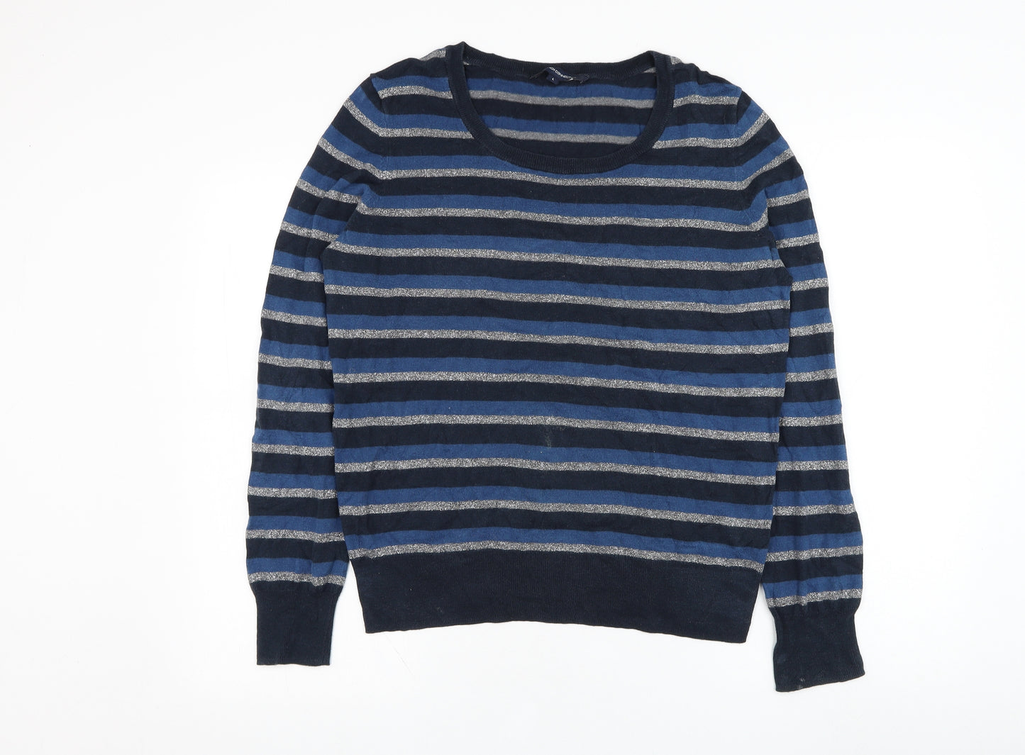 French Connection Mens Blue Round Neck Striped Cotton Pullover Jumper Size L