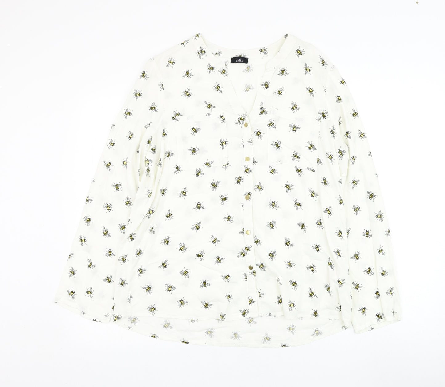 F&F Womens White  Cotton Basic Button-Up Size 14 Round Neck - Bumble bee