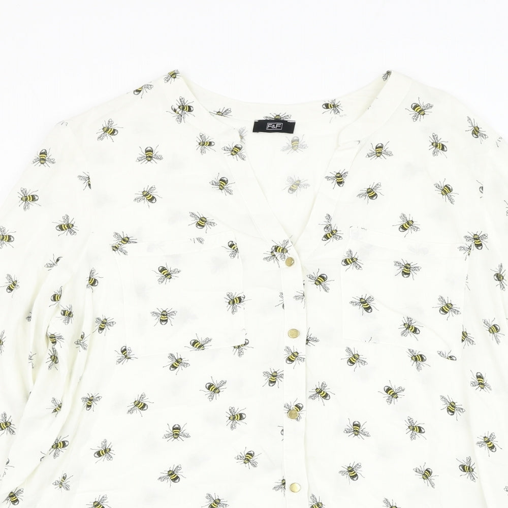 F&F Womens White  Cotton Basic Button-Up Size 14 Round Neck - Bumble bee
