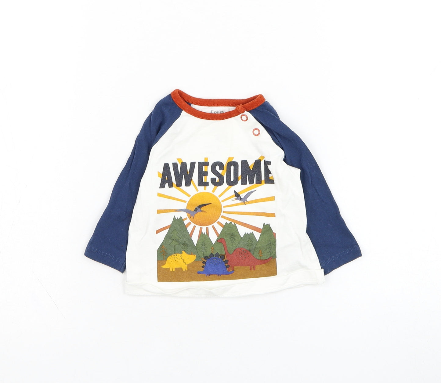 F&F Baby White  Cotton Basic T-Shirt Size 0-3 Months Round Neck Pullover - Dinosaur