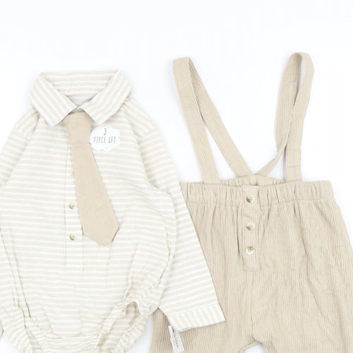 George Boys Brown Striped Cotton Dungaree Outfit/Set Size 12-18 Months  Button