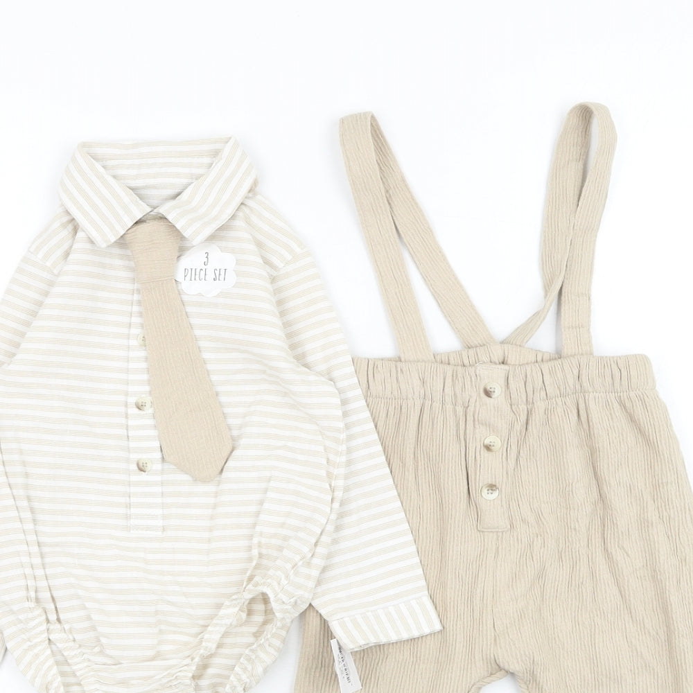 George Boys Brown Striped Cotton Dungaree Outfit/Set Size 12-18 Months  Button