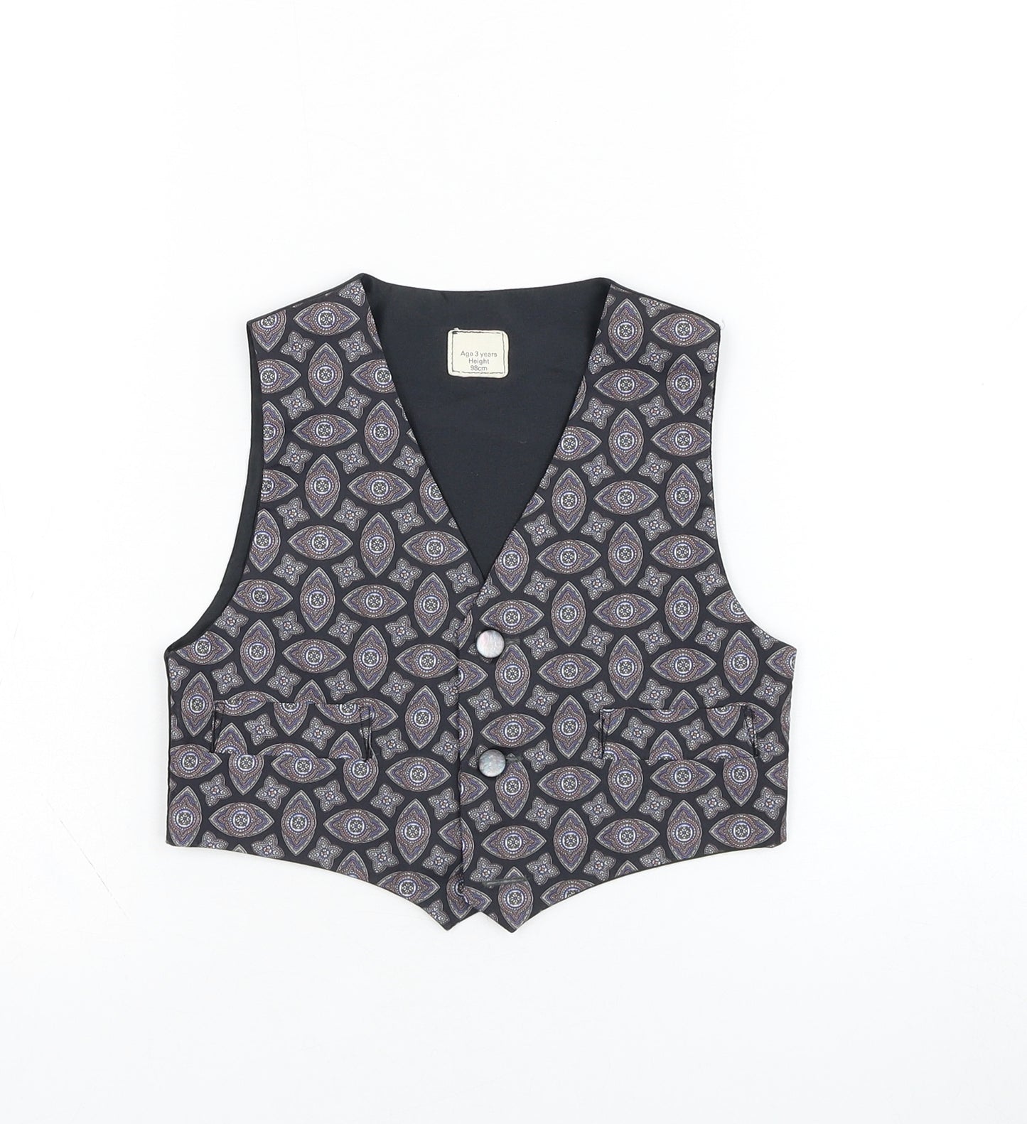 Preworn Boys Black Geometric  Jacket Waistcoat Size 3 Years  Button