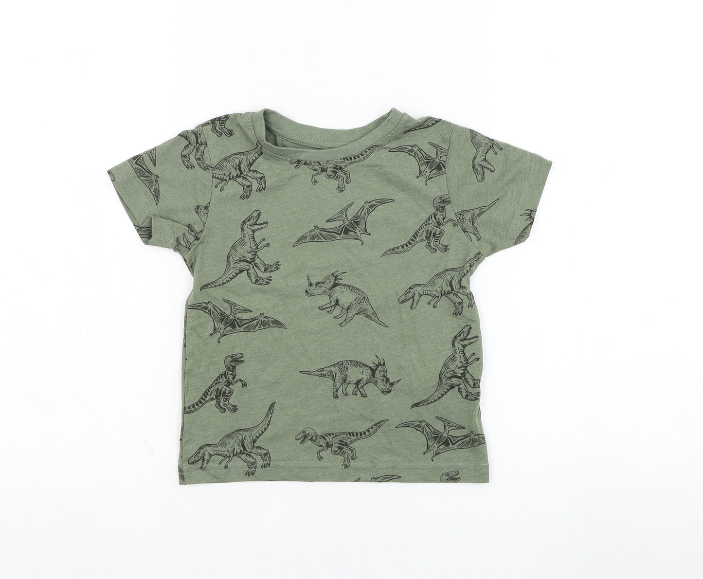 Primark Boys Green  Cotton Basic T-Shirt Size 2-3 Years Round Neck Pullover - Dinosaur