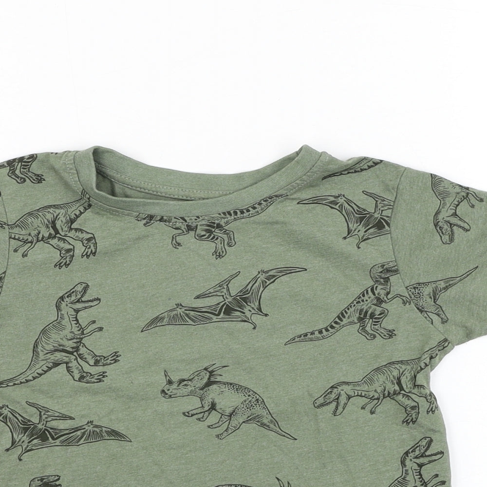 Primark Boys Green  Cotton Basic T-Shirt Size 2-3 Years Round Neck Pullover - Dinosaur