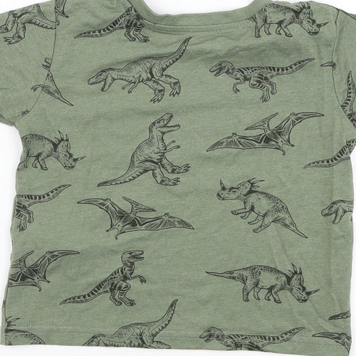 Primark Boys Green  Cotton Basic T-Shirt Size 2-3 Years Round Neck Pullover - Dinosaur