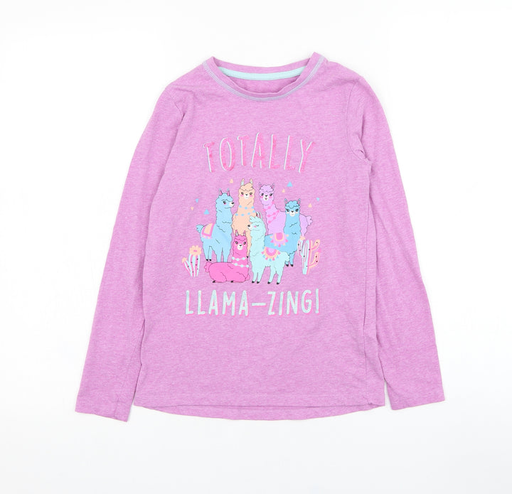 Dunnes Stores Girls Pink  Cotton Pullover T-Shirt Size 9-10 Years Round Neck Pullover - Llama