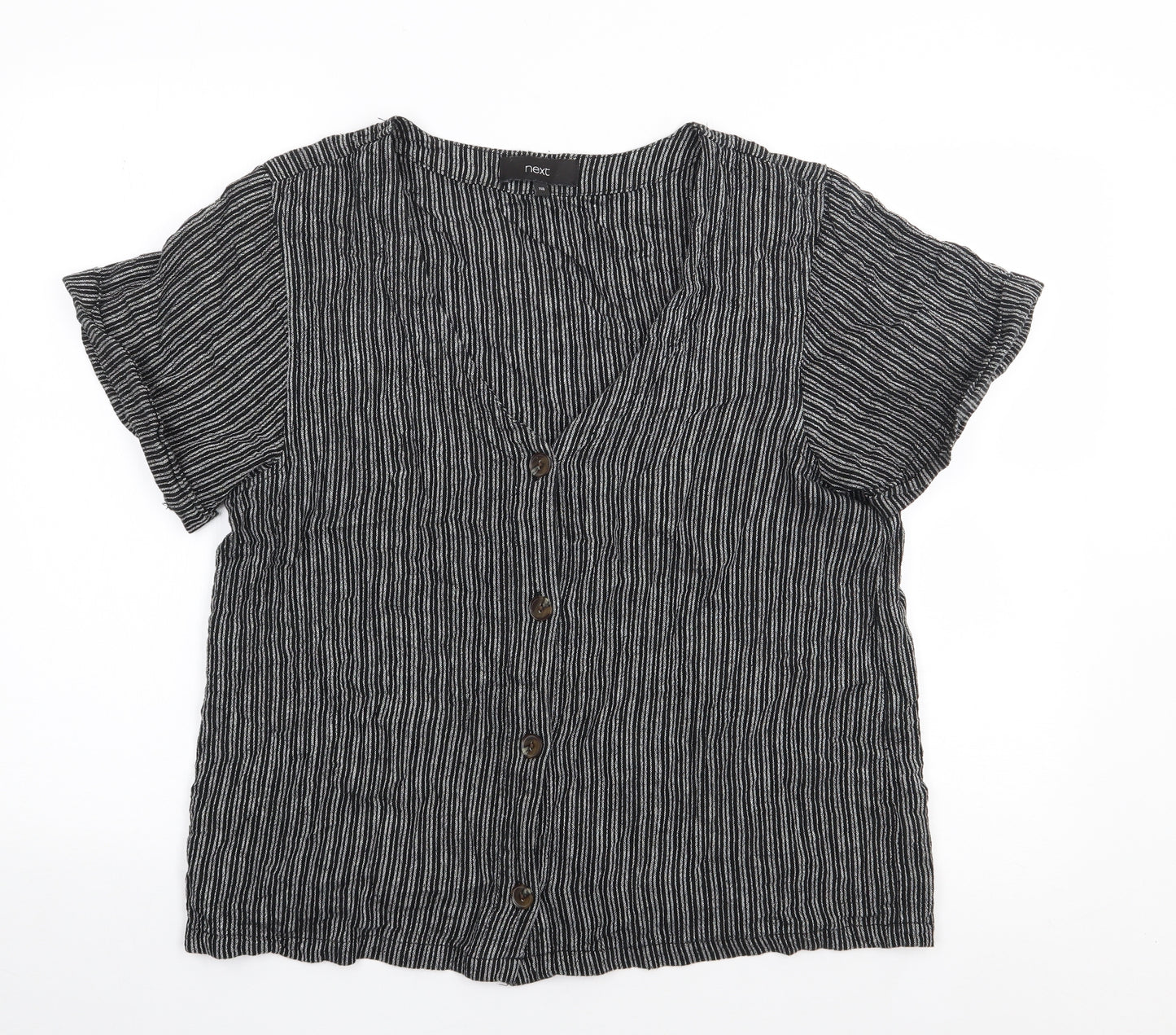 NEXT Womens Black Striped Linen Jersey Button-Up Size 14 V-Neck