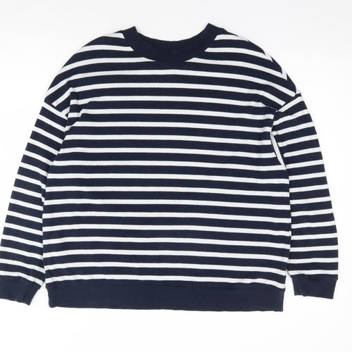 Marks and Spencer Womens Blue Crew Neck Striped Polyester Pullover Jumper Size 16
