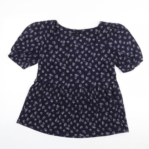 F&F Womens Blue Floral Polyester Jersey T-Shirt Size 10 Square Neck