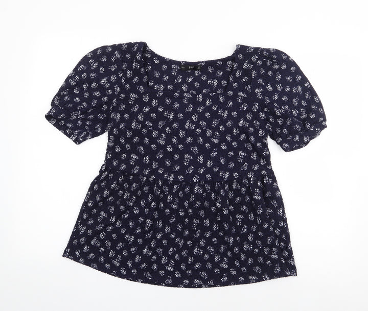 F&F Womens Blue Floral Polyester Jersey T-Shirt Size 10 Square Neck