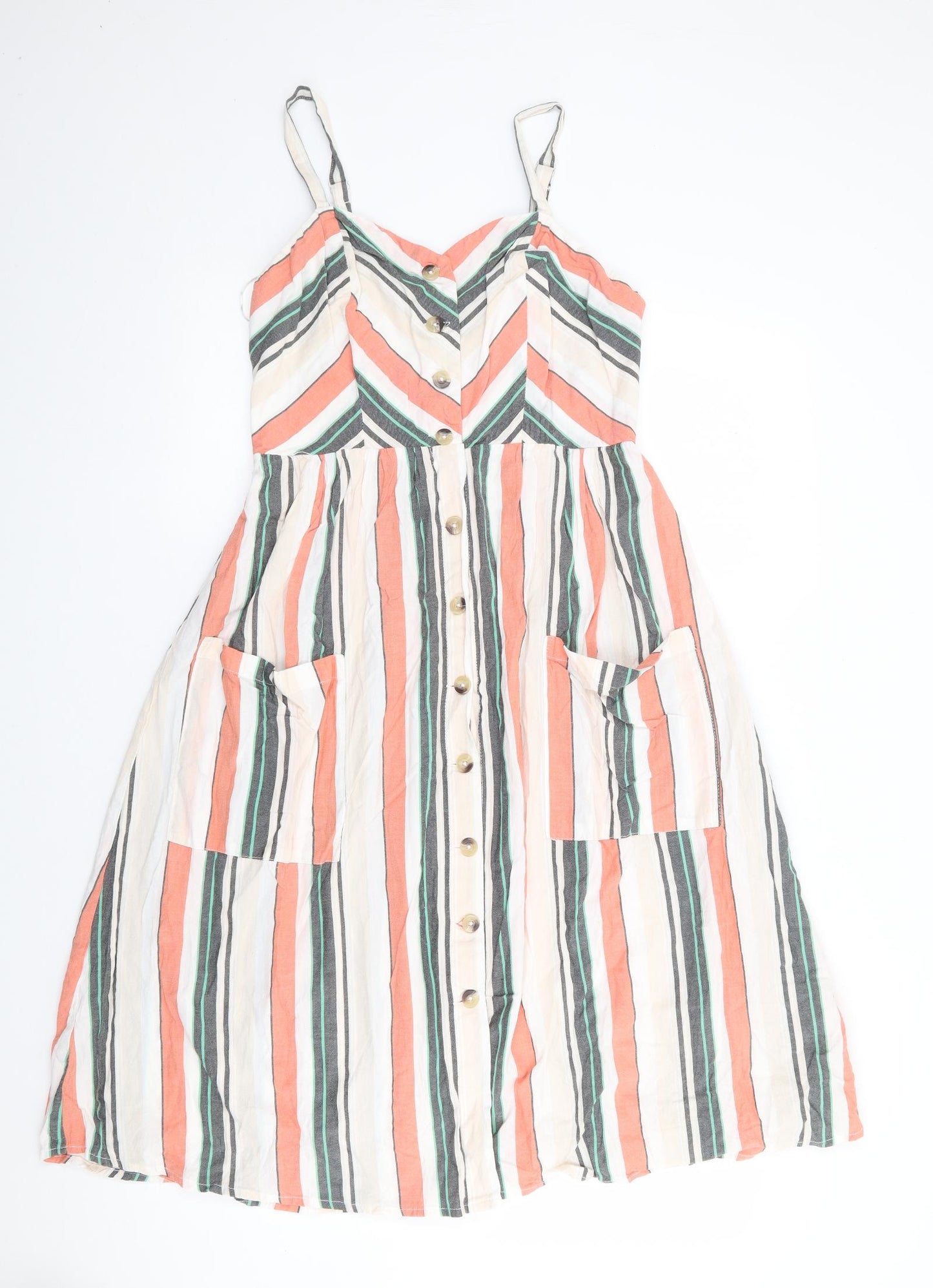 Primark Womens Multicoloured Striped 100% Cotton Fit & Flare  Size 10  V-Neck Pullover