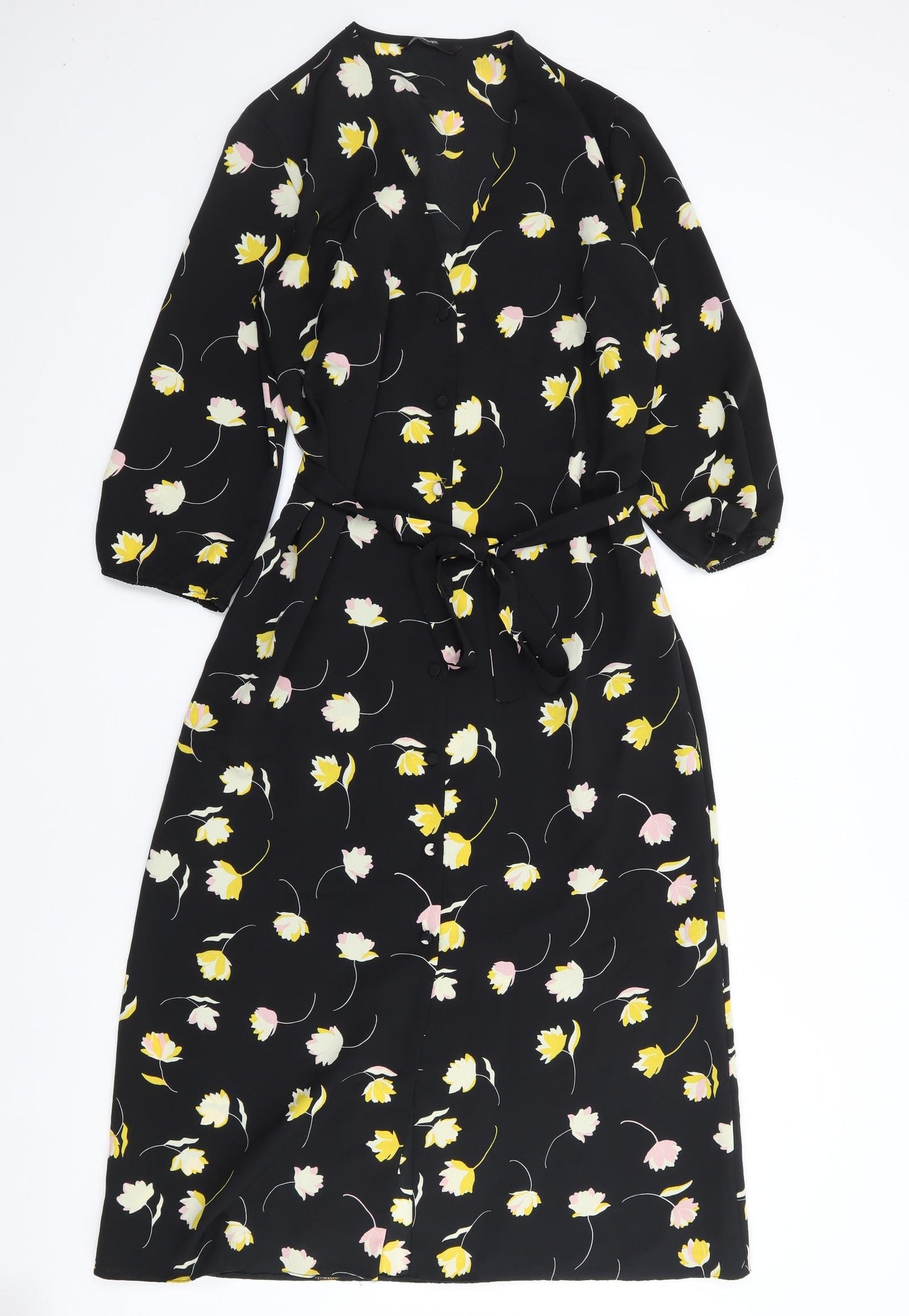 George Womens Black Floral Polyester Shirt Dress  Size 10  V-Neck Button