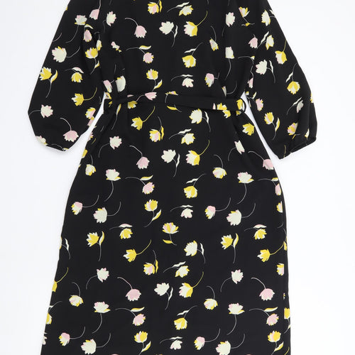 George Womens Black Floral Polyester Shirt Dress  Size 10  V-Neck Button