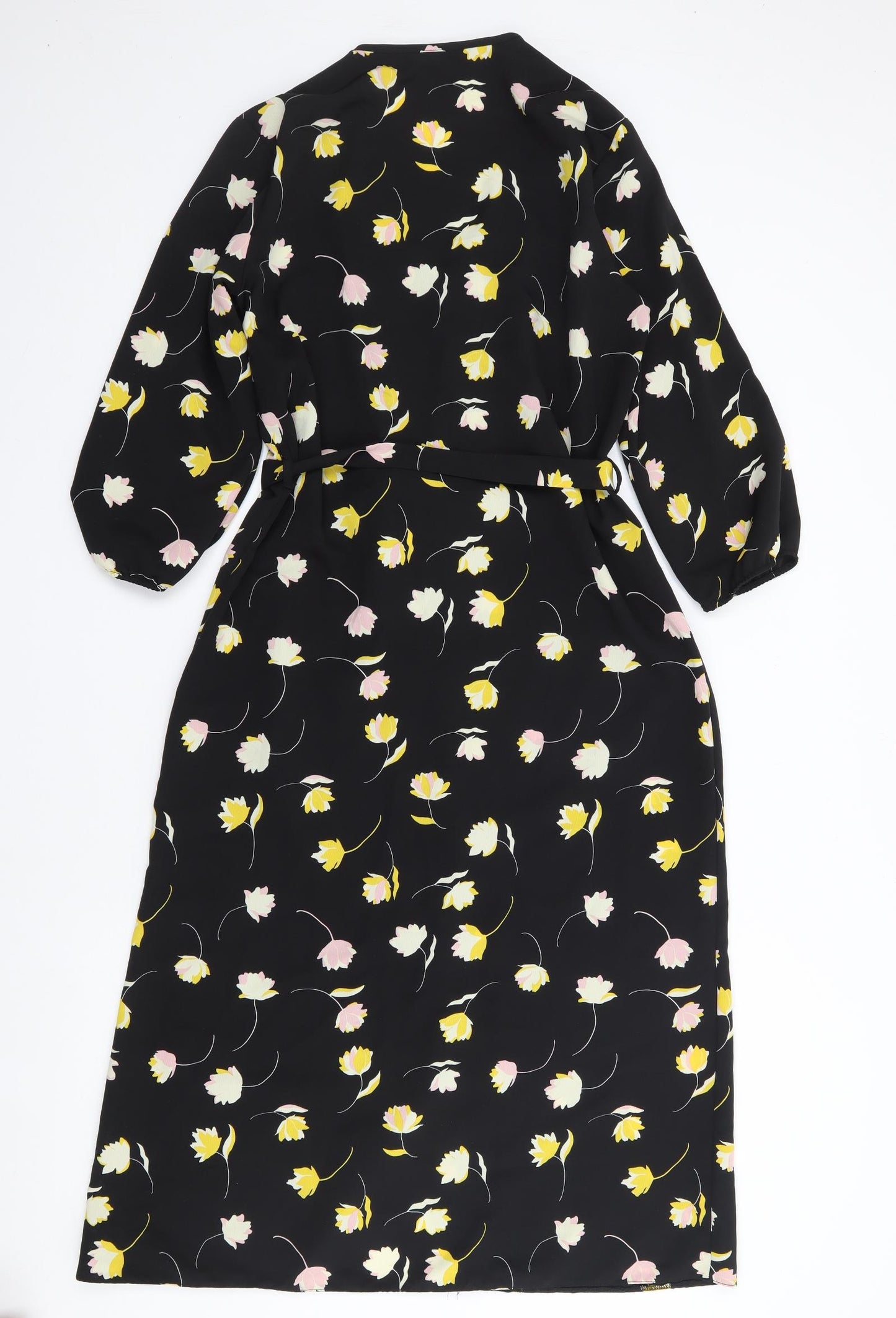 George Womens Black Floral Polyester Shirt Dress  Size 10  V-Neck Button
