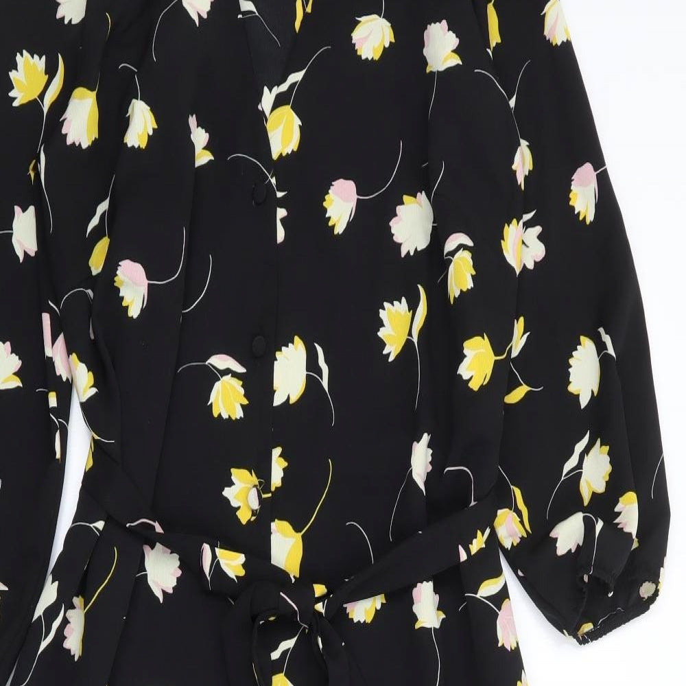 George Womens Black Floral Polyester Shirt Dress  Size 10  V-Neck Button