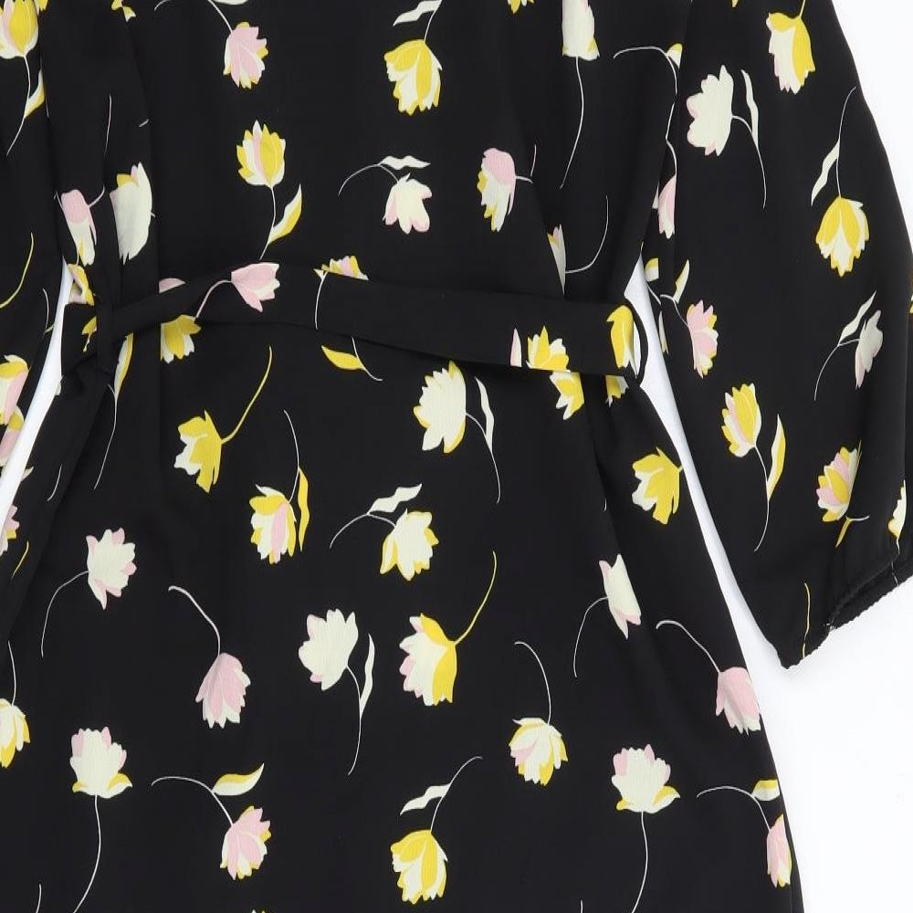 George Womens Black Floral Polyester Shirt Dress  Size 10  V-Neck Button
