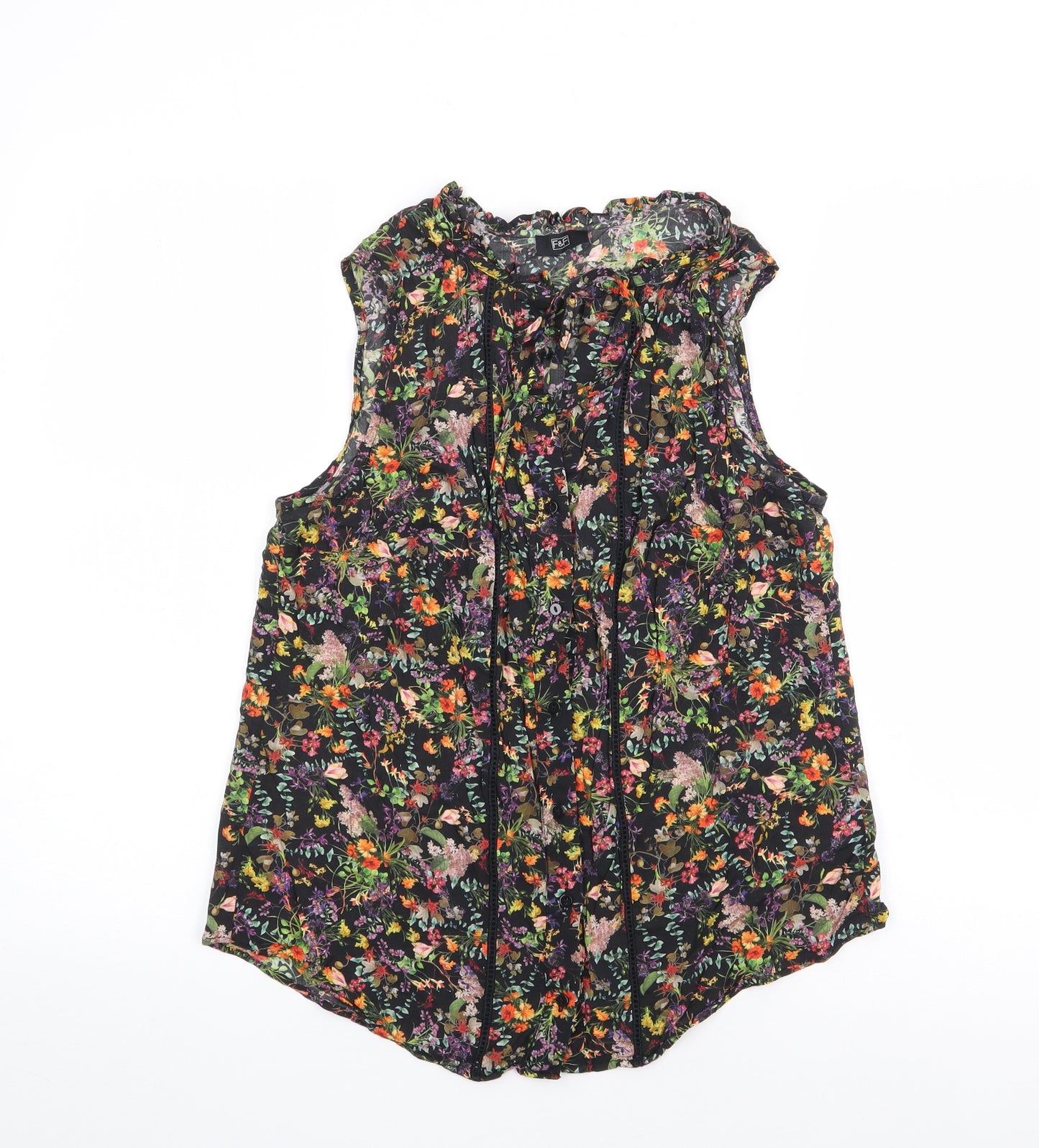 F&F Womens Multicoloured Floral Viscose Jersey Button-Up Size 12 High Neck