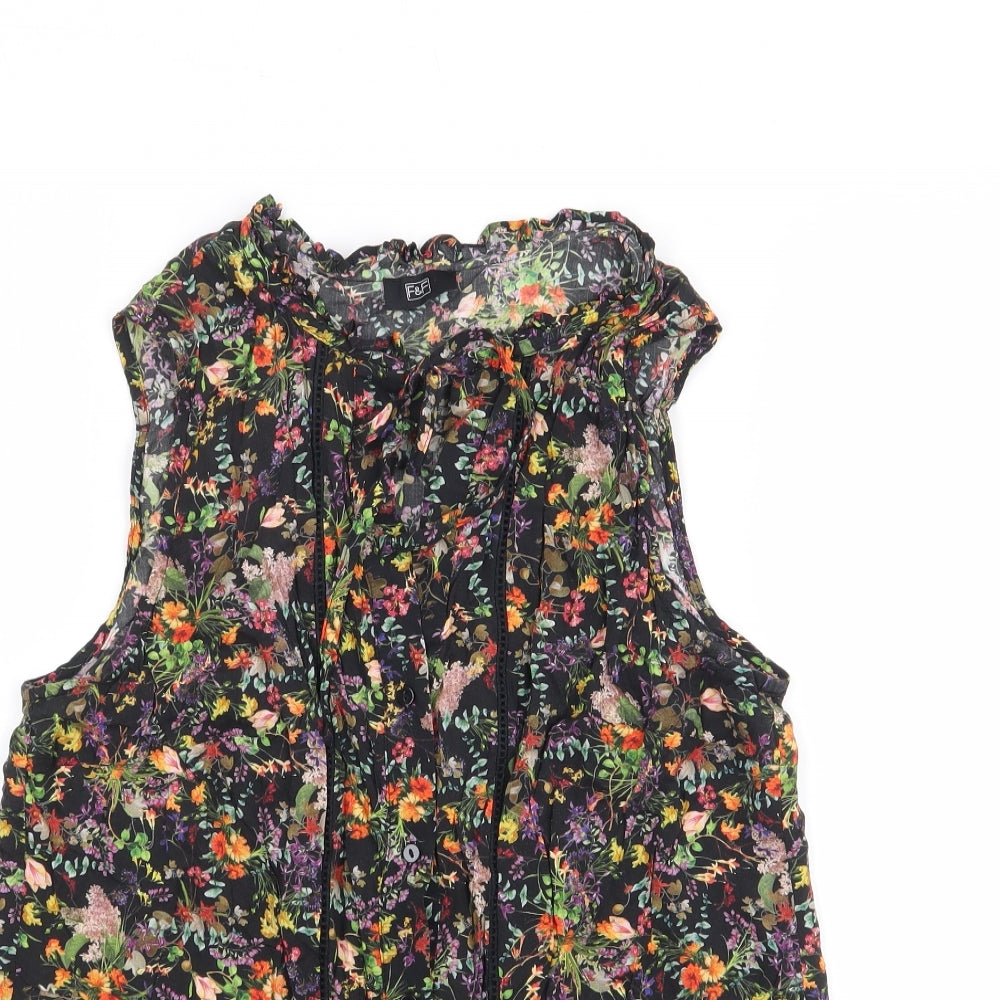 F&F Womens Multicoloured Floral Viscose Jersey Button-Up Size 12 High Neck