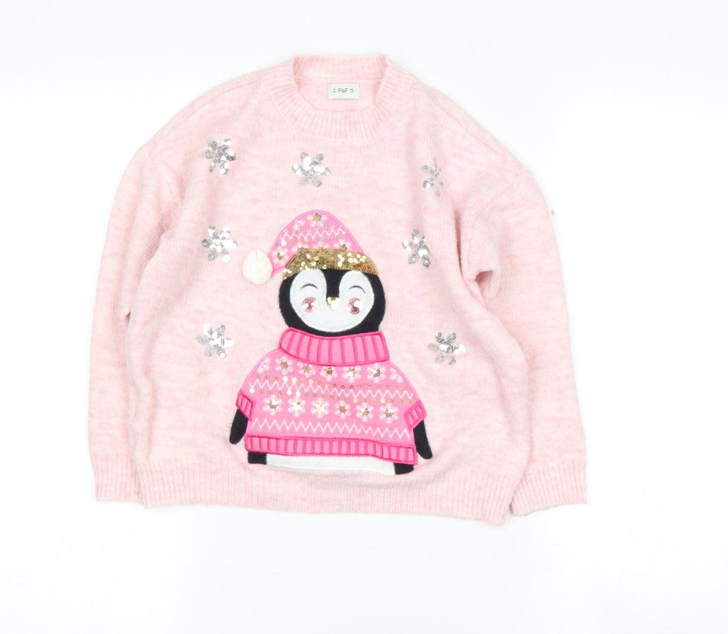 TESCO Girls Pink Round Neck  Polyester Pullover Jumper Size 7-8 Years   - Penguin