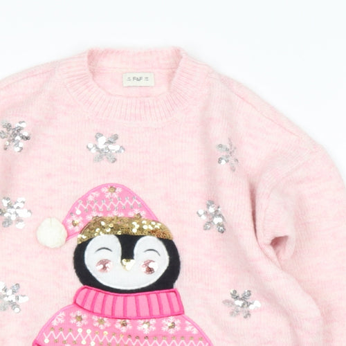 TESCO Girls Pink Round Neck  Polyester Pullover Jumper Size 7-8 Years   - Penguin