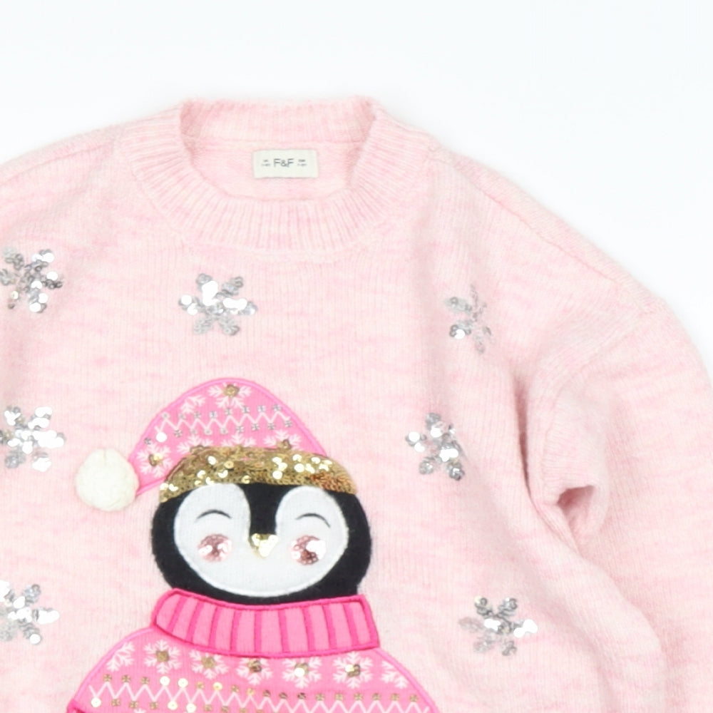 TESCO Girls Pink Round Neck  Polyester Pullover Jumper Size 7-8 Years   - Penguin