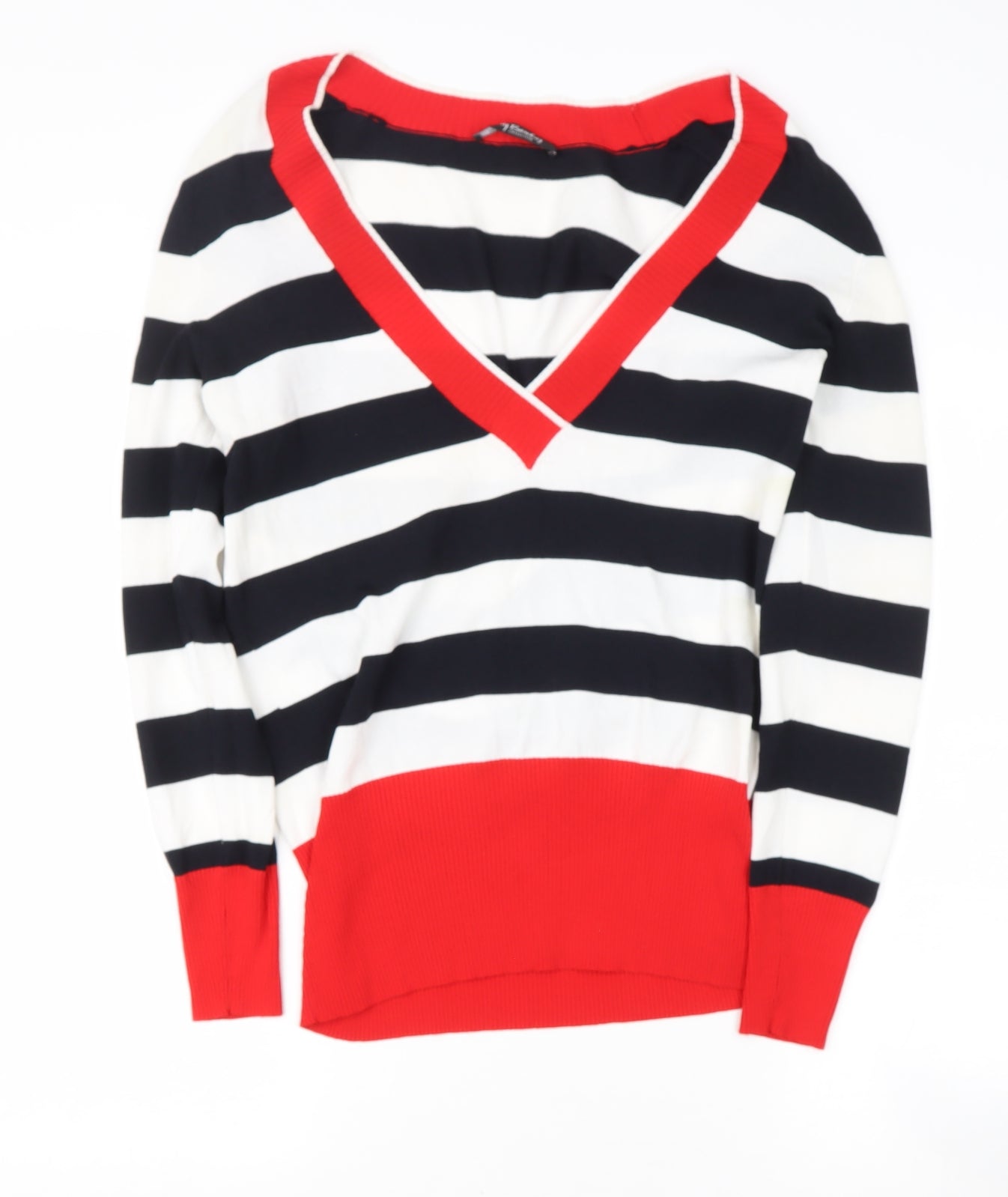BETTY BARTON Womens Red V-Neck Striped Viscose Pullover Jumper Size M