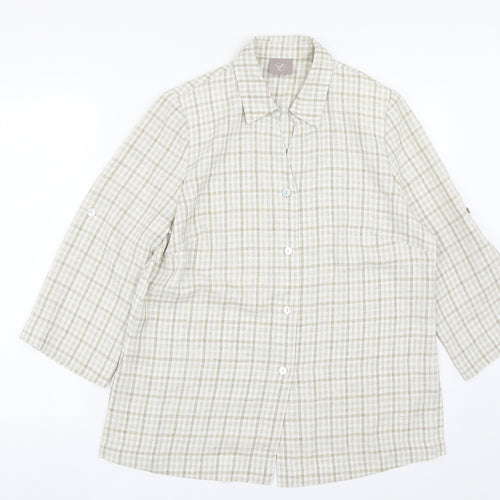 Preworn Womens Beige Plaid Polyester Basic Blouse Size 12 Collared
