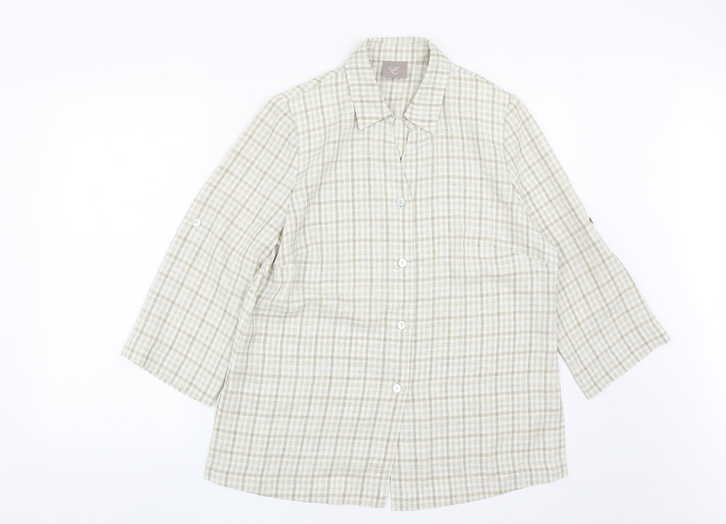 Preworn Womens Beige Plaid Polyester Basic Blouse Size 12 Collared