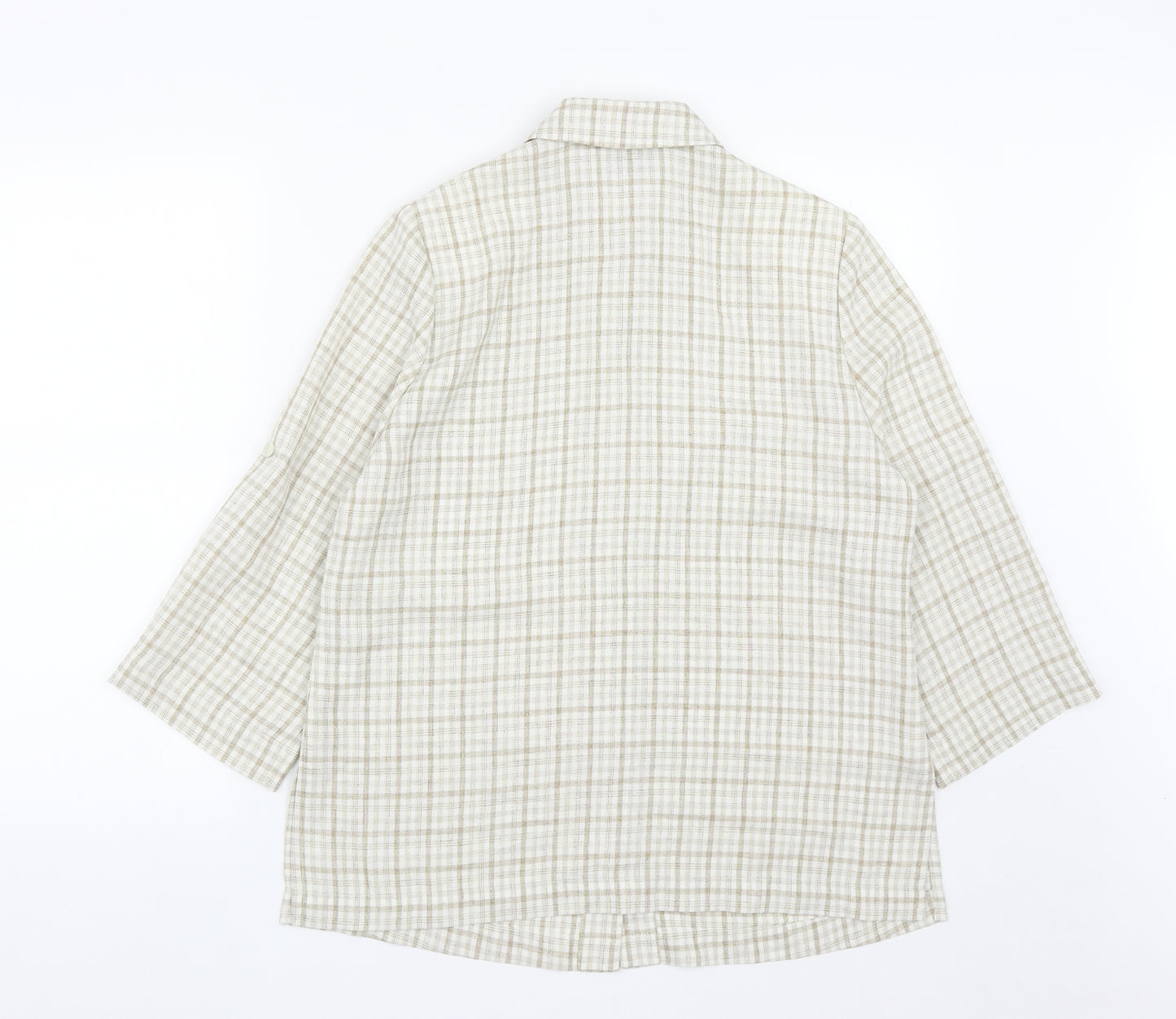 Preworn Womens Beige Plaid Polyester Basic Blouse Size 12 Collared