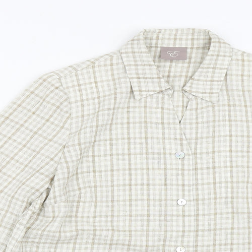 Preworn Womens Beige Plaid Polyester Basic Blouse Size 12 Collared