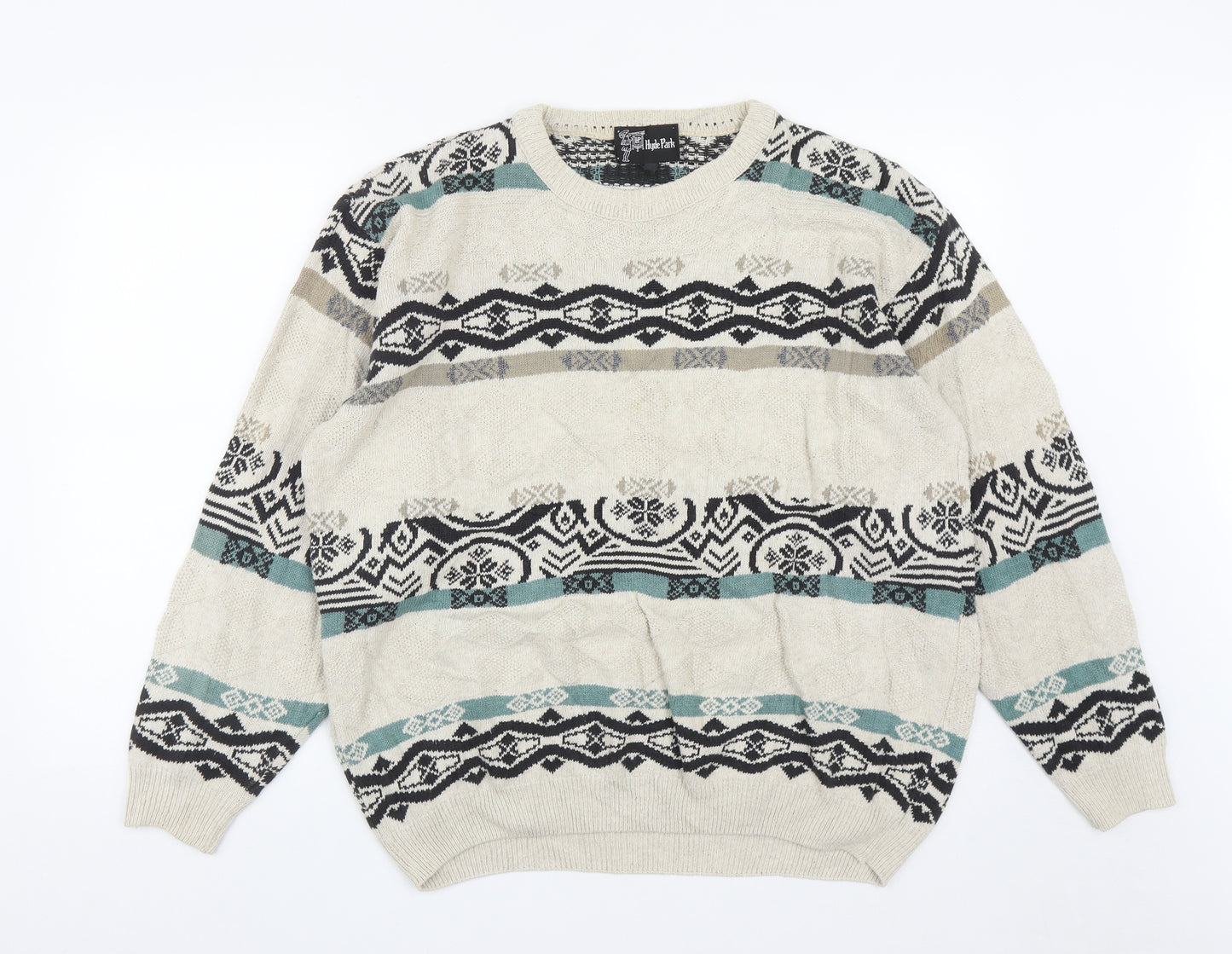 Hyde Park Mens Beige Round Neck Geometric Acrylic Pullover Jumper Size L