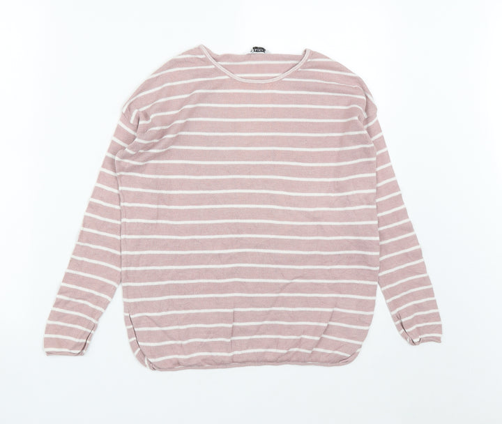 Pull&Bear Womens Pink Round Neck Striped Acrylic Pullover Jumper Size S