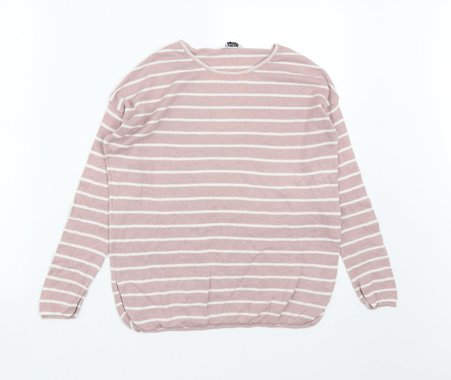 Pull&Bear Womens Pink Round Neck Striped Acrylic Pullover Jumper Size S