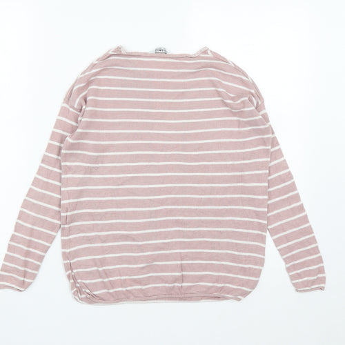 Pull&Bear Womens Pink Round Neck Striped Acrylic Pullover Jumper Size S
