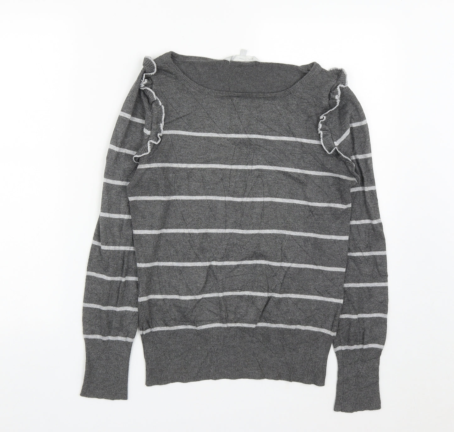 Debenhams Womens Grey Round Neck Striped Viscose Pullover Jumper Size 12