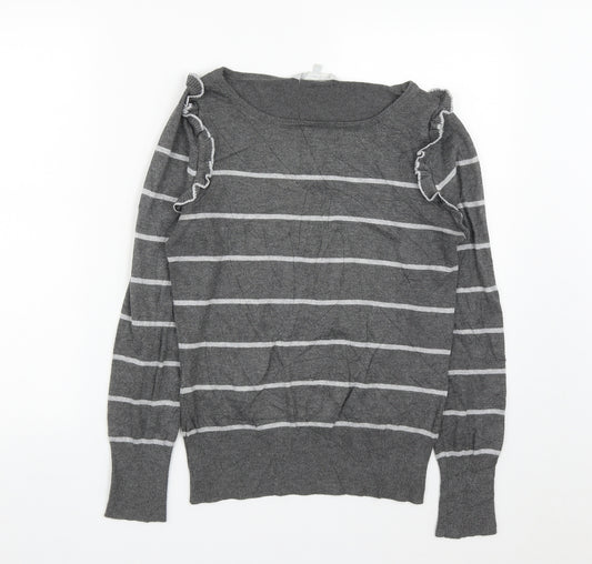 Front view of Debenhams women’s grey round neck striped viscose jumper, size UK 12