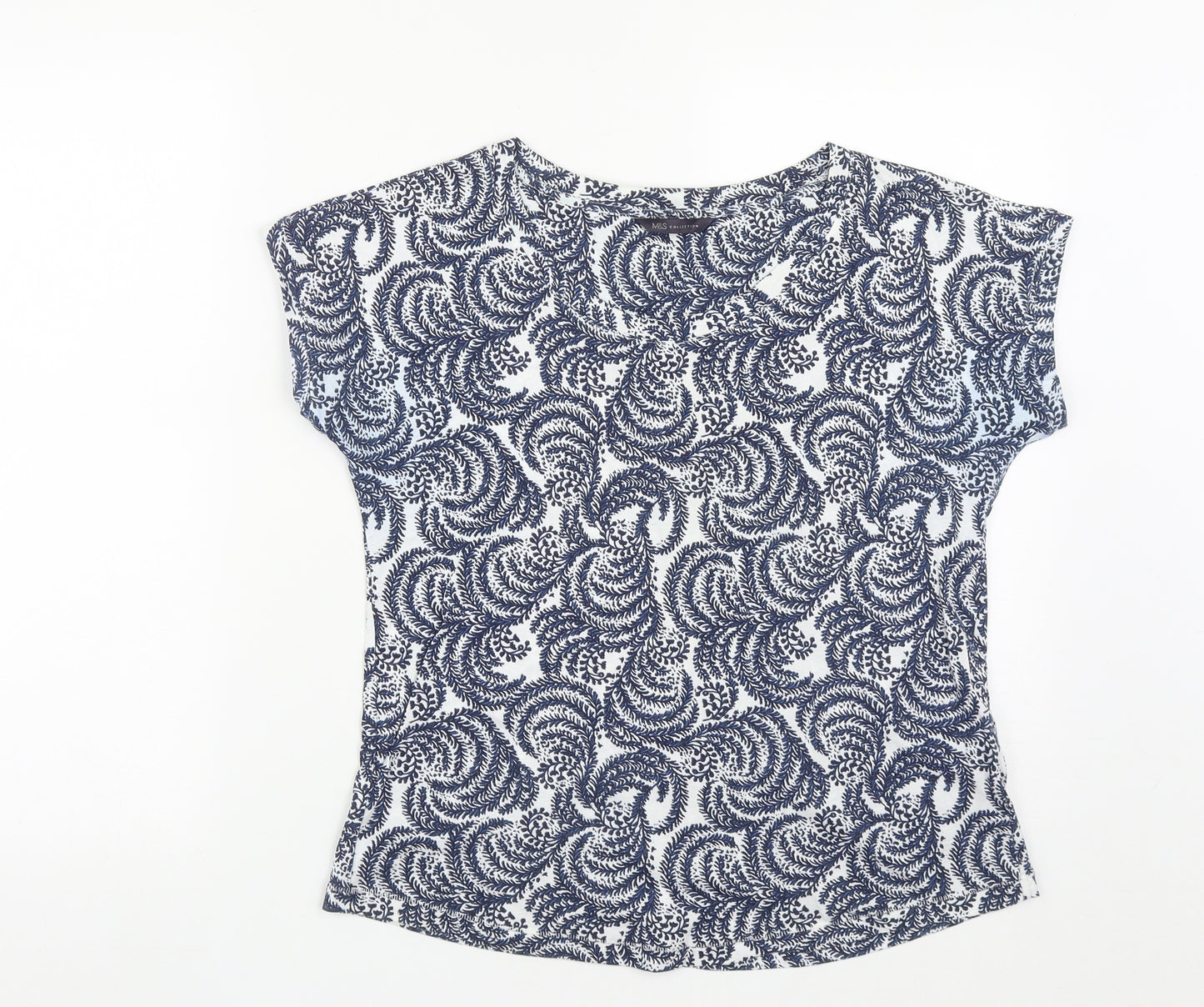 Marks and Spencer Womens Blue Geometric Cotton Basic T-Shirt Size 10 Round Neck
