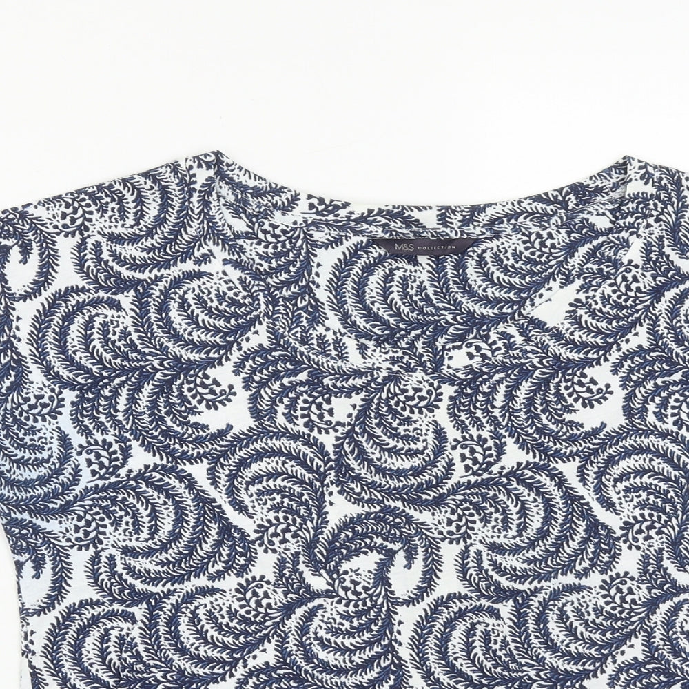 Marks and Spencer Womens Blue Geometric Cotton Basic T-Shirt Size 10 Round Neck