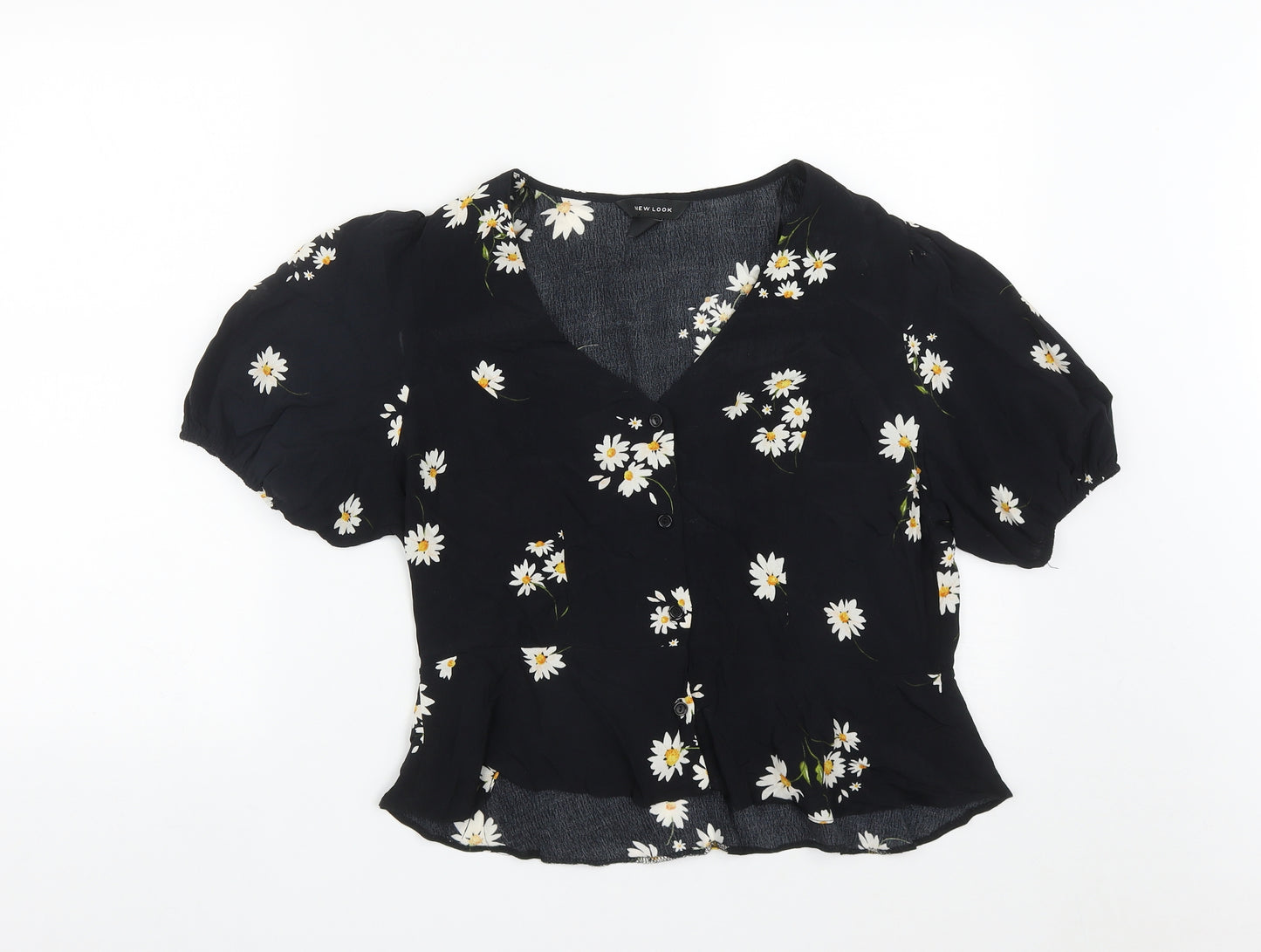 New Look Womens Black Floral Viscose Basic Button-Up Size 12 V-Neck