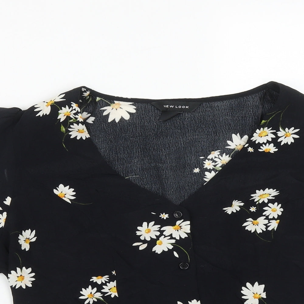 New Look Womens Black Floral Viscose Basic Button-Up Size 12 V-Neck