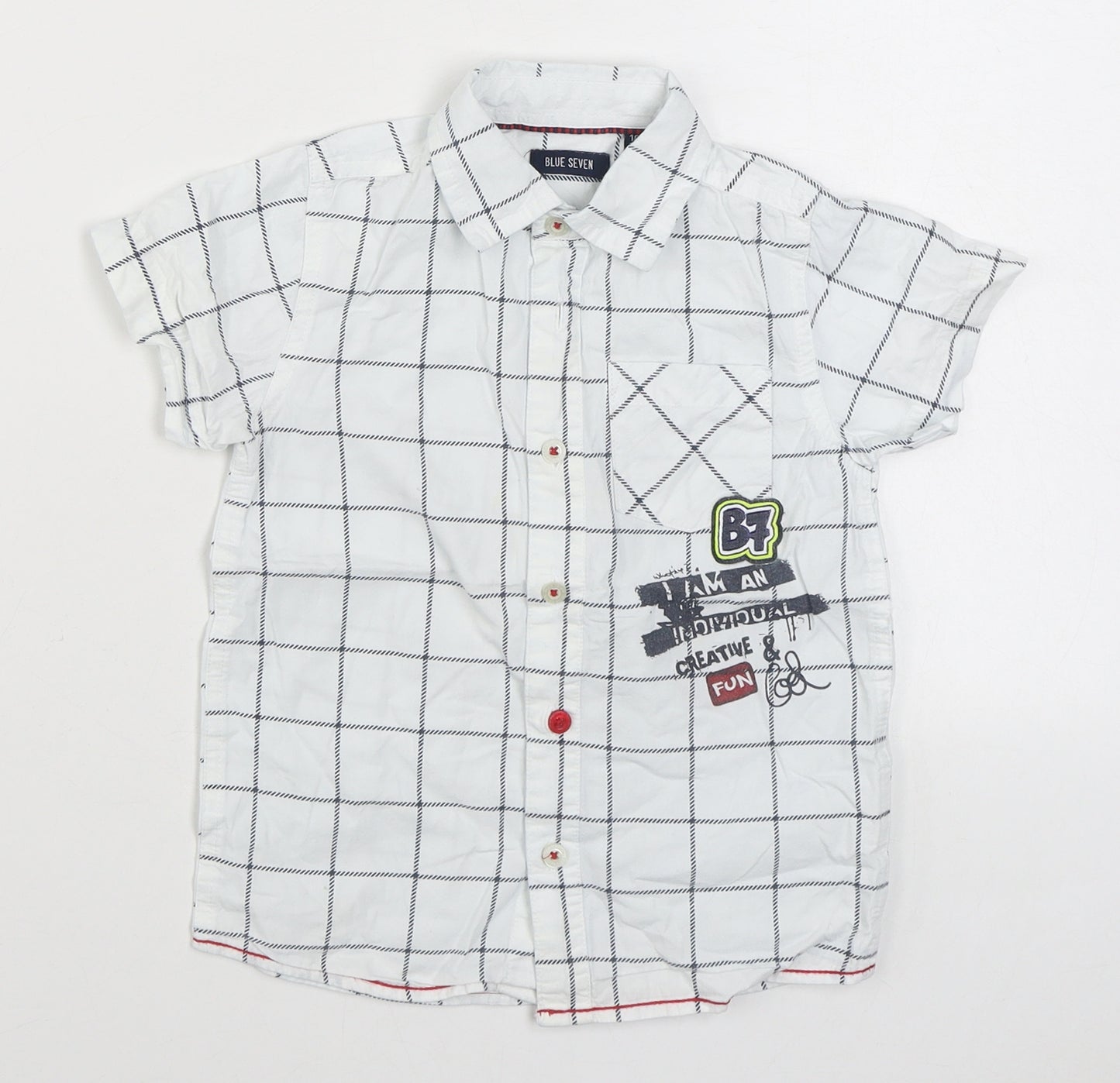 Blue Seven Boys White Check 100% Cotton Basic Button-Up Size 4 Years Collared Button