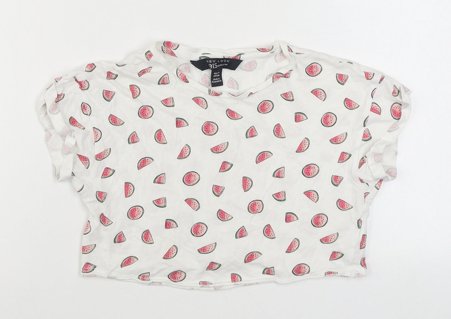 915 Generation Girls White Geometric 100% Cotton Basic T-Shirt Size 9 Years Round Neck Pullover - Cropped