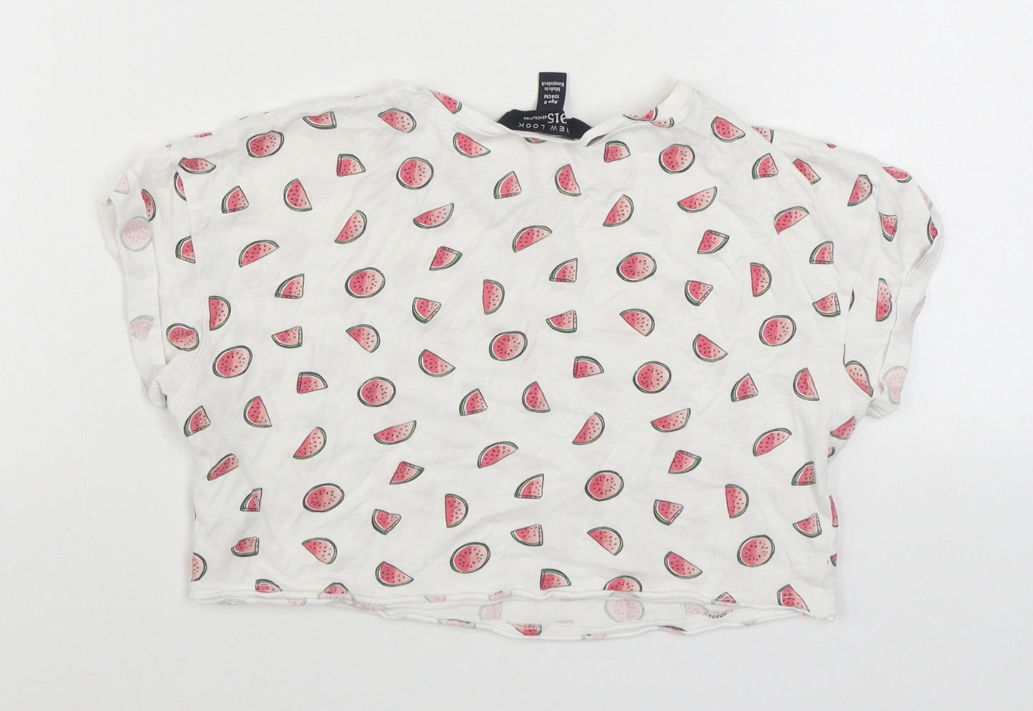 915 Generation Girls White Geometric 100% Cotton Basic T-Shirt Size 9 Years Round Neck Pullover - Cropped