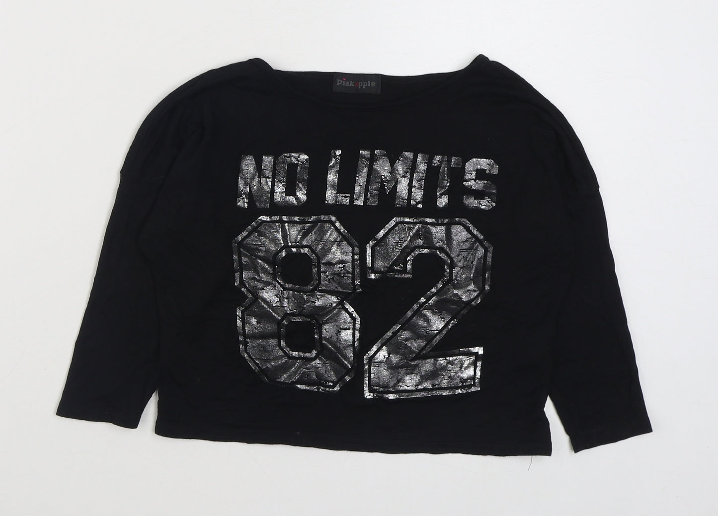 Pink Apple Girls Black  Viscose Basic T-Shirt Size 7-8 Years Round Neck Pullover